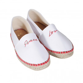 Espadrillas originali prodotte in Spagna in tessuto bianco con scritte "Peace" e "Love" arancioni zeppa 1 - Misure disponibili: 42, 43