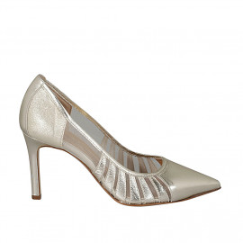 Woman's pointy pump in platinum laminated leather and fabric heel 8 - Available sizes:  31, 32, 42, 43, 46, 47