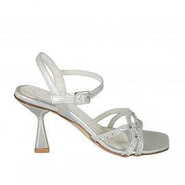 Woman's sandal with strap and rhinestones in silver laminated leather heel 8 - Available sizes:  46