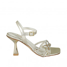 Woman's sandal with strap and rhinestones in platinum laminated leather heel 8 - Available sizes:  42, 46