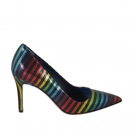 Woman's pump in multicolored printed leather heel 8 - Available sizes:  32, 34