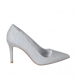 Woman's pump in silver glittered leather with multicolored reflections heel 8 - Available sizes:  42, 43