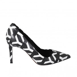 Woman's pointy pump in black and white leather heel 8 - Available sizes:  32, 34, 42