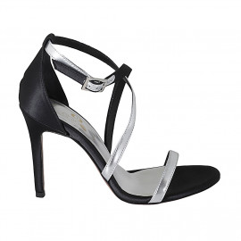 Woman's open shoe with crossed strap in black satin and silver leather heel 9 - Available sizes:  34, 42, 43, 46