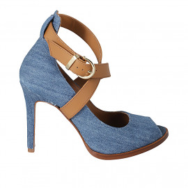 Chaussure ouverte pour femmes en tissu bleu jeans et cuir cognac avec courroie croisé talon 10 - Pointures disponibles:  33, 34, 42, 43