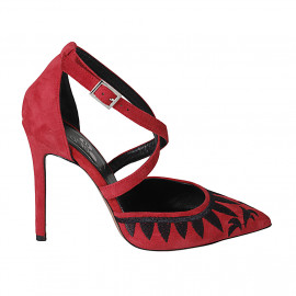 Woman's pointy open shoe with crossed strap in red and black embroidered suede heel 10 - Available sizes:  32, 33, 34, 42, 43, 45, 46