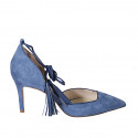 Woman's pointy open shoe with laces and tassels in blue suede heel 7 - Available sizes:  42, 43, 46