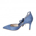 Woman's pointy open shoe with laces and tassels in blue suede heel 7 - Available sizes:  42, 43, 46