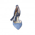 Woman's pointy open shoe with laces and tassels in blue suede heel 7 - Available sizes:  42, 43, 46