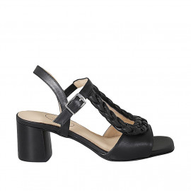 Woman's strap sandal with elastic in black leather and braided leather heel 5 - Available sizes:  32, 42, 43, 44, 45