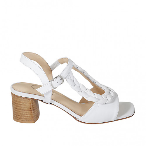 Sandale avec courroie et elastique pour femmes en cuir et cuir tressé blanc talon 5 - Pointures disponibles:  32, 43, 45, 46