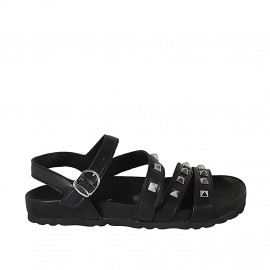 Woman's sandal with strap and studs in black leather wedge heel 2 - Available sizes:  33, 34