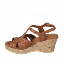 Woman's sandal in cognac brown braided leather with platform and wedge heel 7 - Available sizes:  42, 43, 44