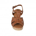 Woman's sandal in cognac brown braided leather with platform and wedge heel 7 - Available sizes:  42, 43, 44