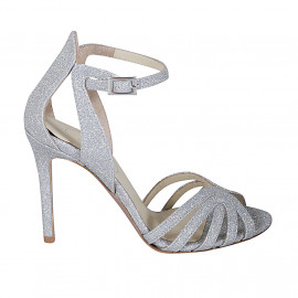 Woman's open shoe with strap in silver glittered leather heel 9 - Available sizes:  44, 46