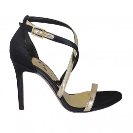 Woman's open shoe with crossed strap in black satin and gold leather heel 9 - Available sizes:  43