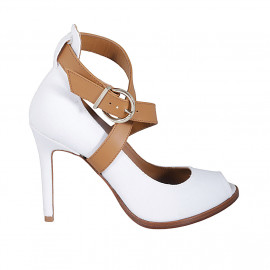 Woman's open shoe in white denim fabric and cognac brown leather with crossed strap heel 10 - Available sizes:  32, 34, 42, 43