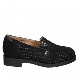 Woman's loafer with removable insole in black pierced and printed suede heel 3 - Available sizes:  31