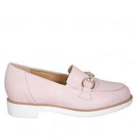 Woman's mocassin with accessory, elastic bands and removable insole in rose leather heel 3 - Available sizes:  31, 42, 44