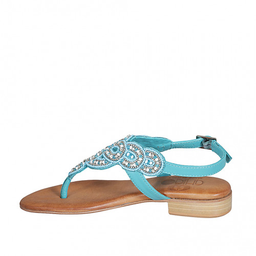 Woman's thong sandal in turquoise leather with beads heel 2