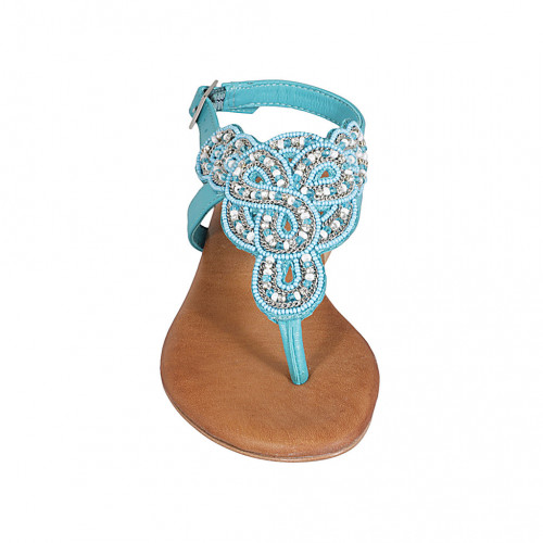 Woman's thong sandal in turquoise leather with beads heel 2