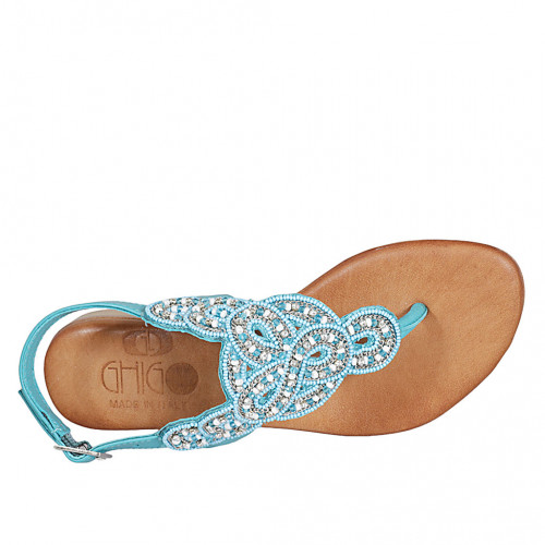 Woman's thong sandal in turquoise leather with beads heel 2