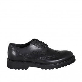 Elegant men's derby shoe in black leather with laces and Brogue decorations - Available sizes:  46, 47