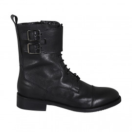 Botin para mujer con cordones, puntera, hebillas y cremallera en piel negra tacon 3 - Tallas disponibles:  32, 33, 47