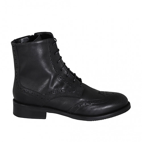 Botin para mujer con cordones, punta Brogue y cremallera en piel negra tacon 3 - Tallas disponibles:  45