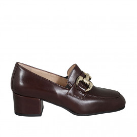 Woman's mocassin with accessory and elastic bands in brown leather heel 5 - Available sizes:  33, 42, 43, 44