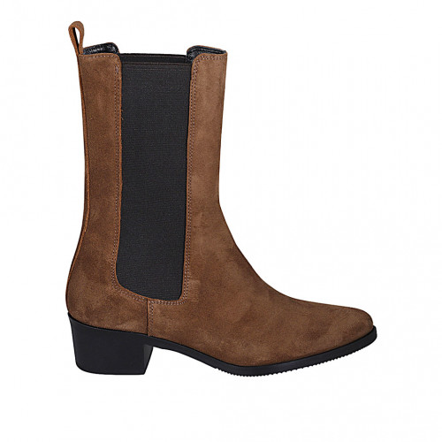 Woman's high and pointy ankle boot with elastic bands in tan brown suede heel 5 - Available sizes:  44