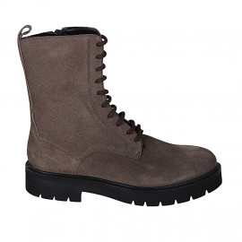 Botin para mujer con cordones y cremallera en gamuza gris pardo tacon 3 - Tallas disponibles:  32, 33, 44, 45