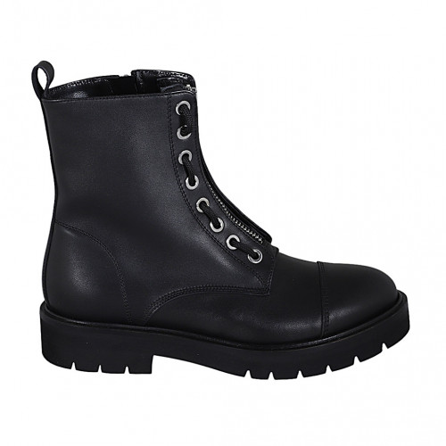 Botin para mujer con cremalleras, puntera y cordones en piel negra tacon 3 - Tallas disponibles:  32, 33