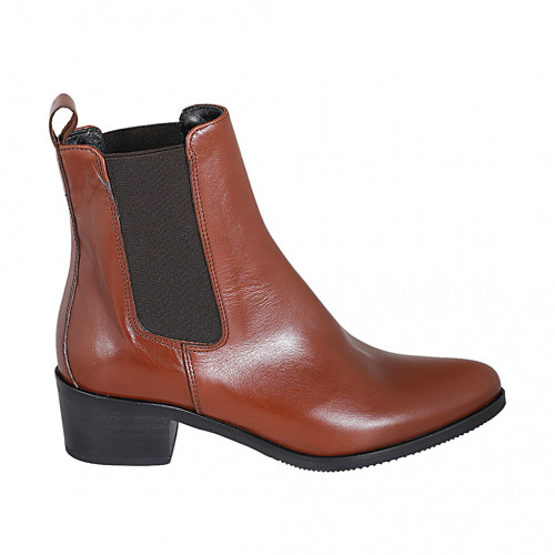 Woman's pointy texan ankle boot with lateral elastic bands in tan brown leather heel 5 - Available sizes:  42