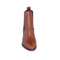 Woman's pointy texan ankle boot with lateral elastic bands in tan brown leather heel 5 - Available sizes:  42