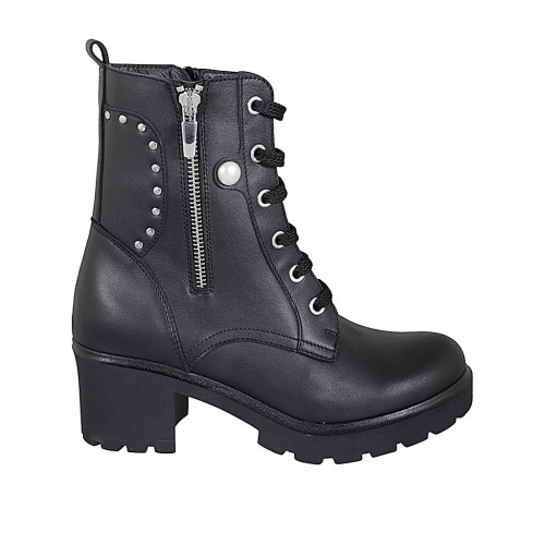 Stivaletto stringato da donna con cerniere e borchie in pelle nera tacco 6 - Misure disponibili: 43, 44