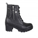 Stivaletto stringato da donna con cerniere e borchie in pelle nera tacco 6 - Misure disponibili: 32, 43, 44, 45