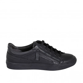 Men's laced sports shoe with zipper and removable insole in black leather - Available sizes:  36, 37, 38, 47, 48, 49, 53, 54