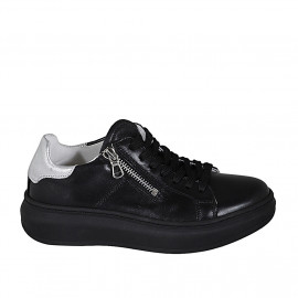 Chaussure à lacets pour femmes avec fermeture éclair et semelle amovible en cuir noir et argent talon compensé 3 - Pointures disponibles:  32, 33, 42