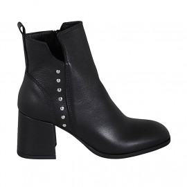 Bottines à bout carré pour femmes avec fermeture éclair et goujons en cuir noir talon 7 - Pointures disponibles:  32