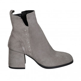 Botines a punta cuadrada para mujer con cremallera y tachuelas en gamuza gris tacon 7 - Tallas disponibles:  34, 42, 43, 45