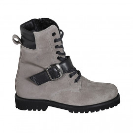 Botin para mujer con cordones, hebilla y cremallera en gamuza gris tacon 3 - Tallas disponibles:  33, 42, 44