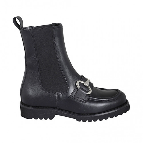 Stivaletto da donna con elastici e accessorio in pelle nera tacco 3 - Misure disponibili: 33, 43