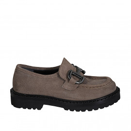 Woman's mocassin with accessory in grey suede heel 3 - Available sizes:  32, 33, 42, 44, 45