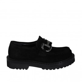 Mocasín para mujer con accesorio en gamuza negra tacon 3 - Tallas disponibles:  32