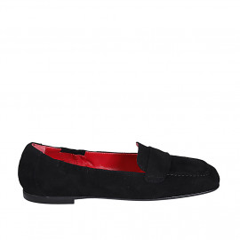 Mocasin con punta cuadrada y elasticos para mujer en gamuza negra tacon 1 - Tallas disponibles:  32, 42