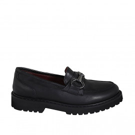 Woman's mocassin with accessory and removable insole in black leather heel 3 - Available sizes:  32