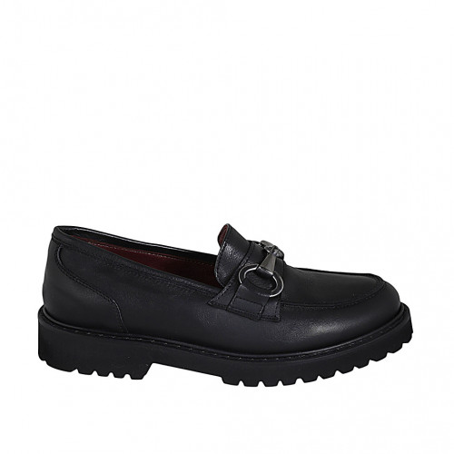 Mocassin pour femmes avec accessoire et semelle amovible en cuir noir talon 3 - Pointures disponibles:  32