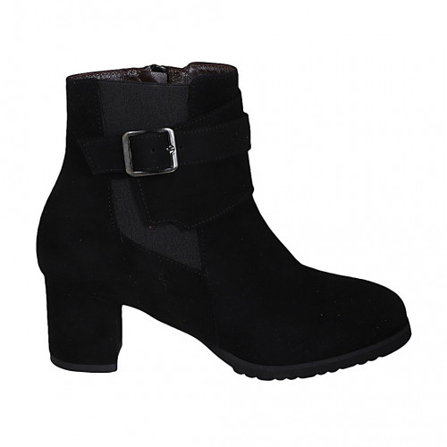 Woman's ankle boot with removable insole, buckle, elastic and zipper in black suede heel 6 - Available sizes:  44