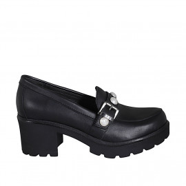 Woman's mocassin in black leather with buckle and pearls heel 6 - Available sizes:  32, 43, 45